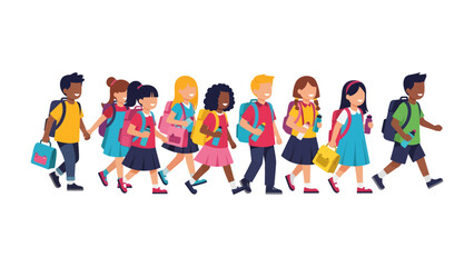 Obraz premium Children Going to School: A group of diverse children, each with a backpack and school bag, walk together with smiles, embarking on their educational journey.