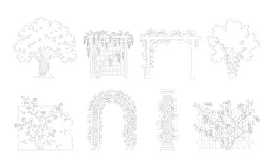CAD line art flowering arch trellis and climbing plant side view elevation set, outline garden arch vine symbols for landscape and garden design plans. Editable stroke, white fill vector © Muhammad