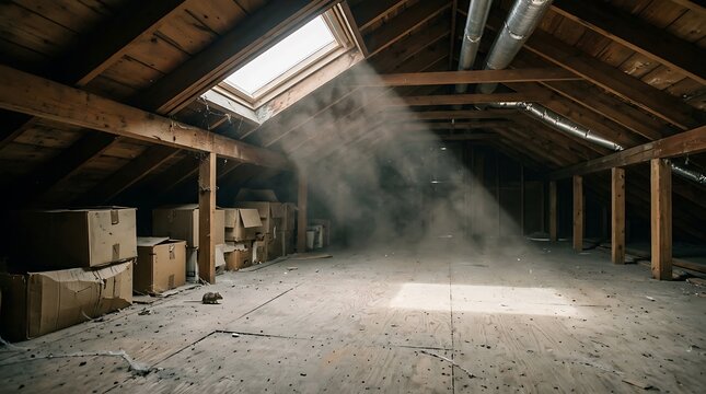 Sunlight beams through a dusty wooden attic with boxes stored under the roof structure