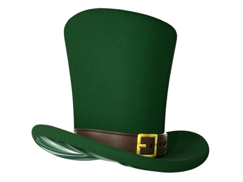 Green leprechaun top hat with a brown leather belt and gold buckle isolated on a clean white background. Modern 3D render of St. Patrick's Day symbol, Irish folklore costume, cultural festival 