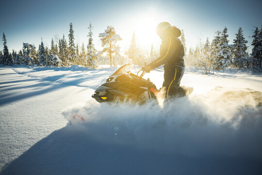 Rider driving snowmobile in winter forest during sunny day