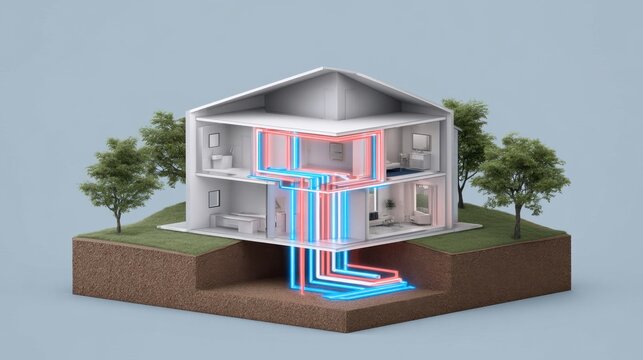 Cross section of modern house showing internal heating and cooling system with blue and red ductwork illustrating ventilation and climate control in residential building