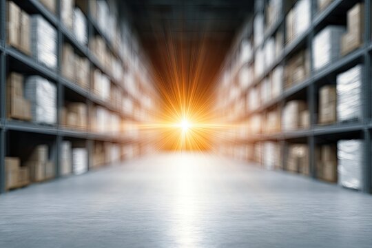 Rows of shelves holding boxes in a bright, futuristic warehouse with light
