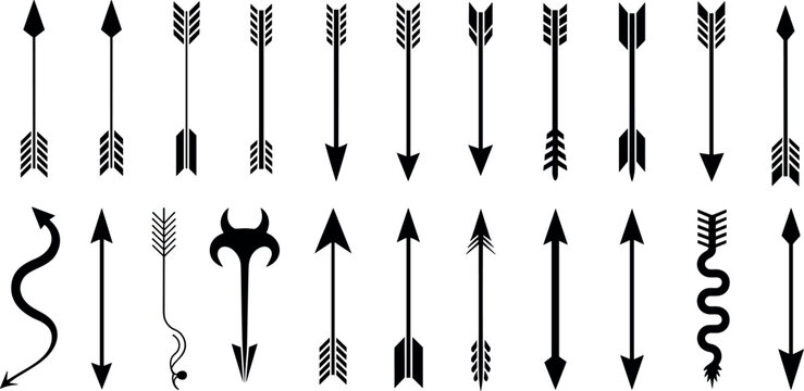 Large collection of decorative tribal and archery arrow silhouettes including feathered fletching curved shafts and sharp arrowhead vector icons for design