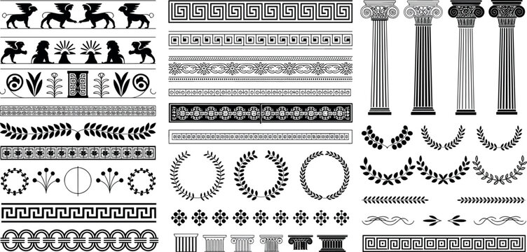 Large set of ancient Greek and Roman architectural ornaments including classical columns laurel wreaths meander borders and mythological griffin silhouettes for decorative design vector