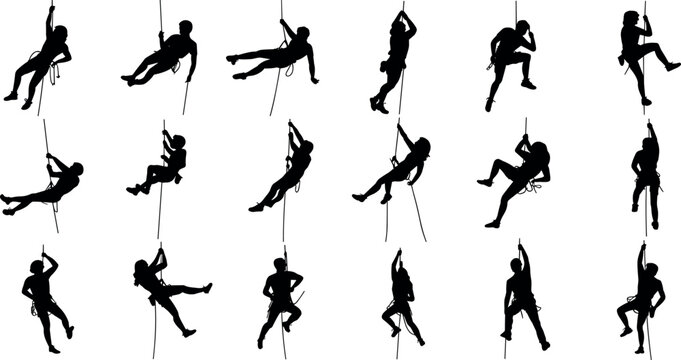 Set of professional rock climbing silhouettes featuring mountaineers abseiling rappelling and scaling steep cliffs with ropes for outdoor adventure sports vector