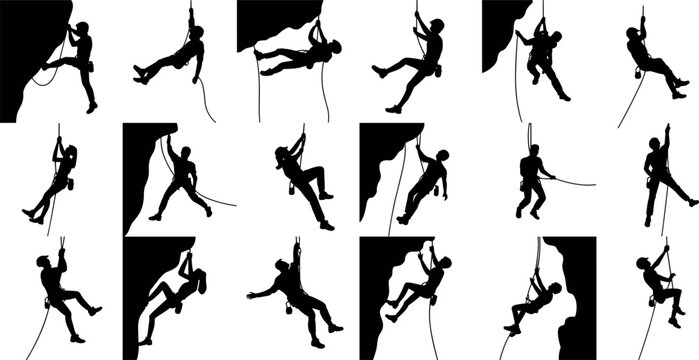 Set of professional rock climbing silhouettes featuring mountaineers abseiling rappelling and scaling steep cliffs with ropes for outdoor adventure sports vector