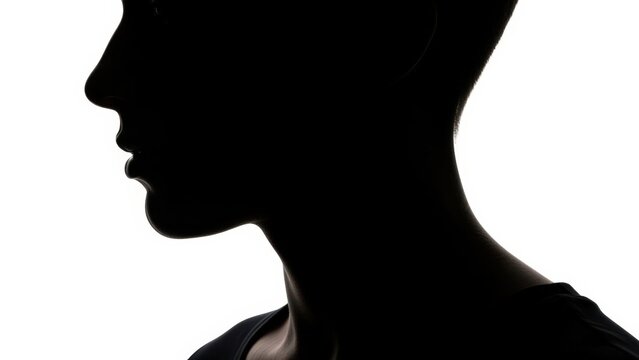 Dramatic high-contrast silhouette of an individual's head and neck, captured in a stark profile view against a luminous white background, evoking anonymity and artistic abstraction