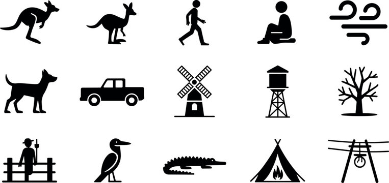 Collection of Australian outback silhouettes including kangaroo crocodile dingo farm windmill water tower and camping icons for rural landscape design vector