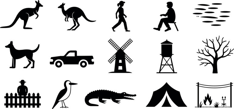 Collection of Australian outback silhouettes including kangaroo crocodile dingo farm windmill water tower and camping icons for rural landscape design vector