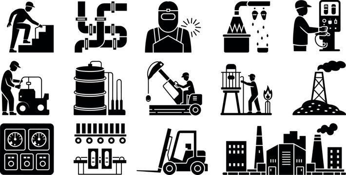 Set of heavy industry and manufacturing silhouettes featuring factory workers welding forklift operations piping systems and oil refinery facility icons vector