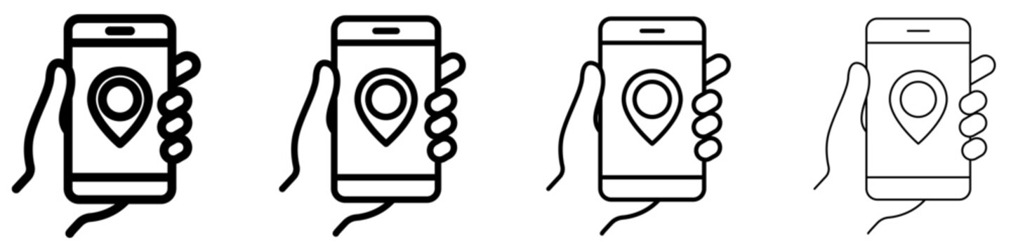 Set of hand holding smartphone with pin map pointer on screen icons with different line weights for mobile navigation. Vector illustration.