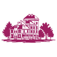Naklejka premium Illustrated silhouette of a grand Victorianstyle house surrounded by trees