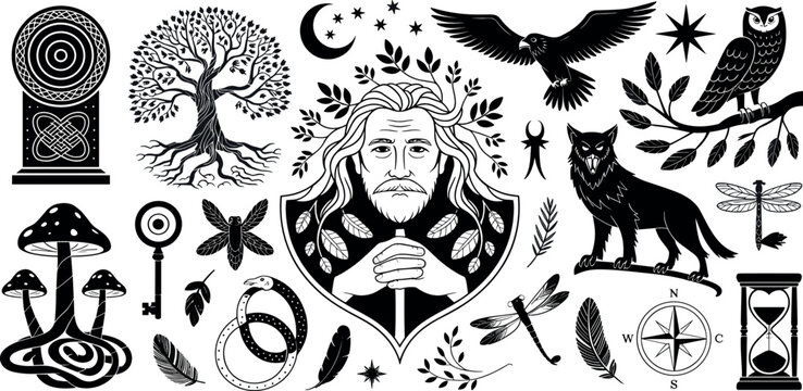 Collection of mystical pagan and occult symbols including druid man tree of life owl wolf raven and esoteric celestial icons for spiritual design vector