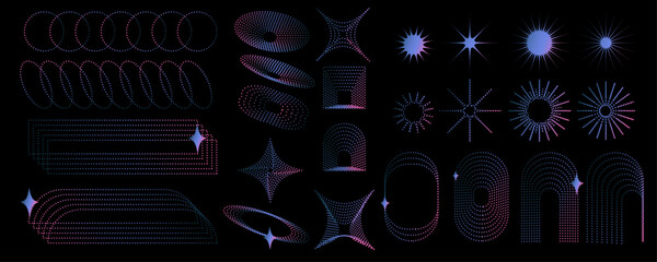 Y2K neon geometric elements set with wireframe spirals, radial starbursts, optical grids and retro futuristic gradient shapes on dark background © Thuong