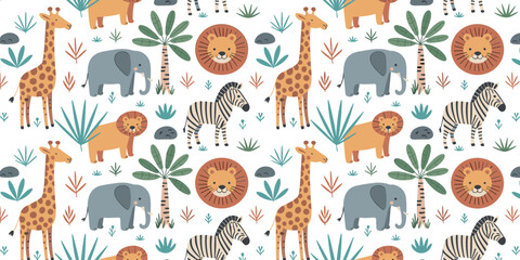 Seamless pattern with cute safari animals giraffe elephant lion zebra and tropical palm trees for nursery wallpaper kids textile and baby shower background © Md