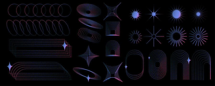 Y2K neon geometric elements set with wireframe spirals, radial starbursts, optical grids and retro futuristic gradient shapes on dark background