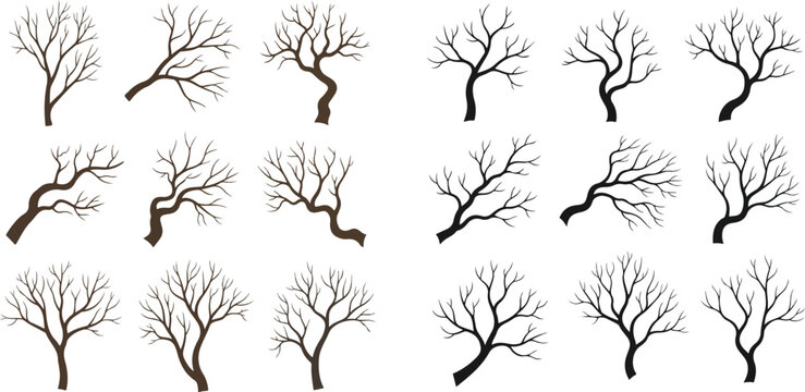 Set of various bare tree and branch silhouettes, depicting leafless trees and dead branches for natural design elements.