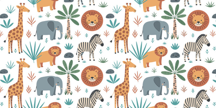 Seamless pattern with cute safari animals giraffe elephant lion zebra and tropical palm trees for nursery wallpaper kids textile and baby shower background
