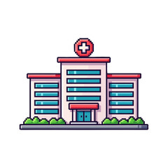 Obraz premium Modern hospital building with medical cross emblem featuring multiple floors and accessible entrance in a clean minimalist style