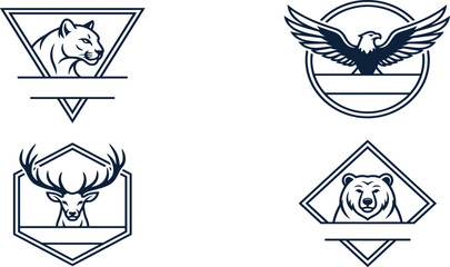 Obraz premium Wild Animal Mascot Emblem Frame Set featuring Line Art Cougar, Eagle, Deer, and Bear Icons with Blank Space for Custom Text and Brand Identity Designs
