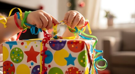 Naklejka premium Child's Hands Tying Ribbon on Colorful Gift Box