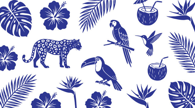 Tropical blue vector illustration with animals, plants, and drinks