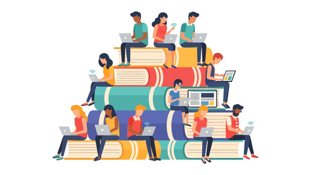 Mountain of Knowledge: A vibrant illustration depicts a diverse group of students learning and working on laptops, perched atop a colossal stack of colorful books.