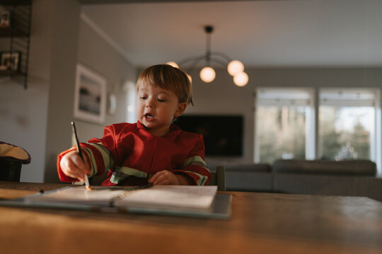 Cute boy painting in book while sitting at table in home