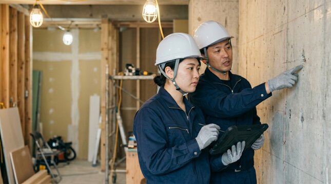 建設現場でコンクリート壁を点検しタブレットで記録する男女の現場監督