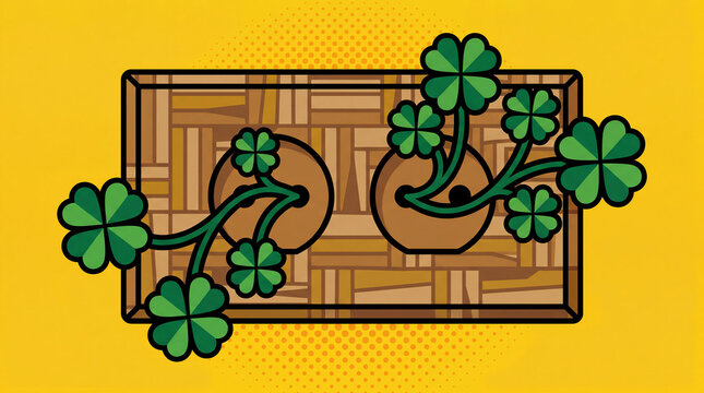 Green four leaf clovers growing out of a wooden wall socket, eco friendly electricity and sustainable green energy concept, retro pop art cartoon illustration