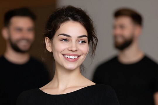 Smiling professional woman in office setting with colleagues blurred in background