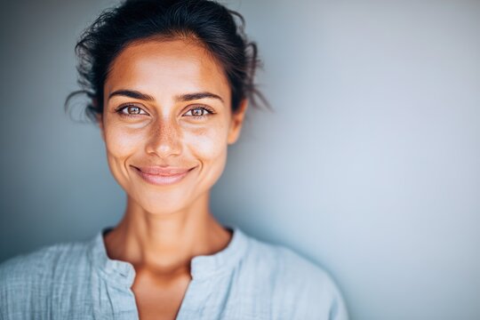 Smiling professional woman in business attire against neutral background with natural light