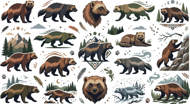 Wolverine Wild Animal Vector Sticker Set Featuring Gulo Gulo Carcajou In Various Poses With Mountains, Pine Trees, And Nordic Patterns For Wilderness Designs