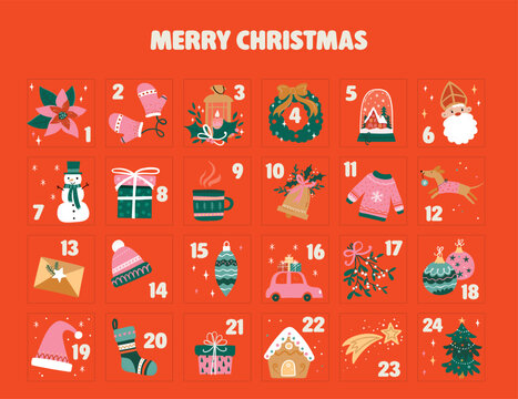 Cute hand drawn Christmas advent calendar. Lovely doodle drawings - great for printed products or digital calendars, vector design