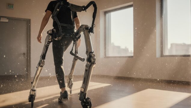 Man in advanced exoskeleton suit walking indoors, showcasing futuristic mobility technology.