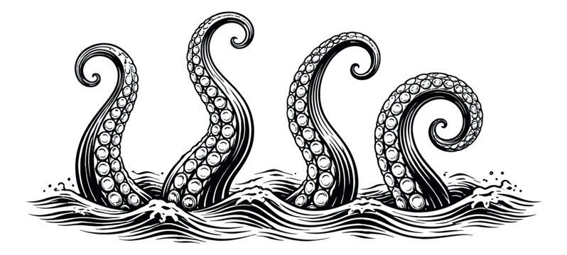 Vintage style line art illustration of octopus tentacles depicting rising from the ocean for nautical design