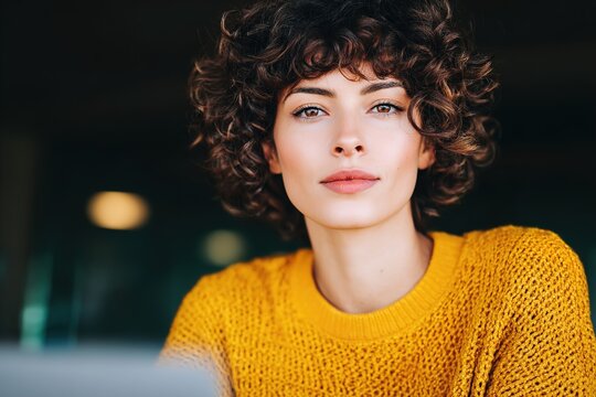 Young woman with curly hair working on laptop in modern office with warm lighting