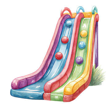 Cute watercolor illustration of a colorful inflatable kids water slide isolated on white background