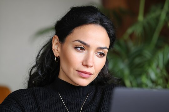 Confident professional woman in office setting with thoughtful expression and natural lighting