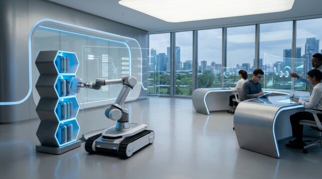 Advanced robotic arm operates within a futuristic modern office environment featuring digital data visualization displays today