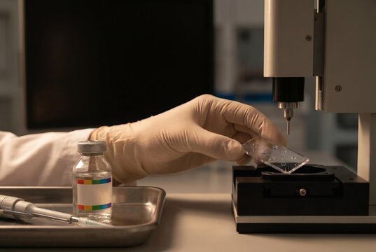 Scientist Hand in Glove Placing Microfluidic Chip under Dispensing Robot in Modern Pharmaceutical Laboratory