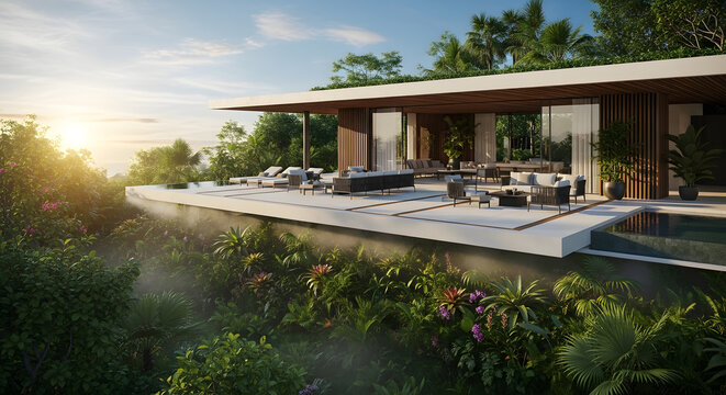 Luxury modern villa with infinity pool and panoramic ocean view at sunset, nestled in lush tropical jungle landscape, architectural 3d rendering