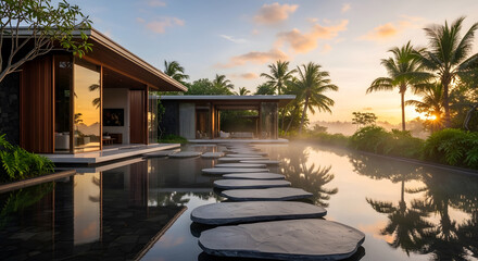 Fototapeta premium Luxury tropical villa with a stone stepping path across a serene reflecting pool at sunset, surrounded by lush palm trees and misty atmosphere