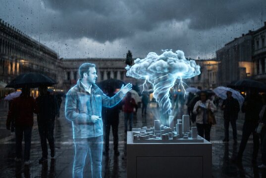 Holographic AI Weather Forecaster Presenting 3D Storm Cloud and Lightning Visualization over City Model in Rainy European Square