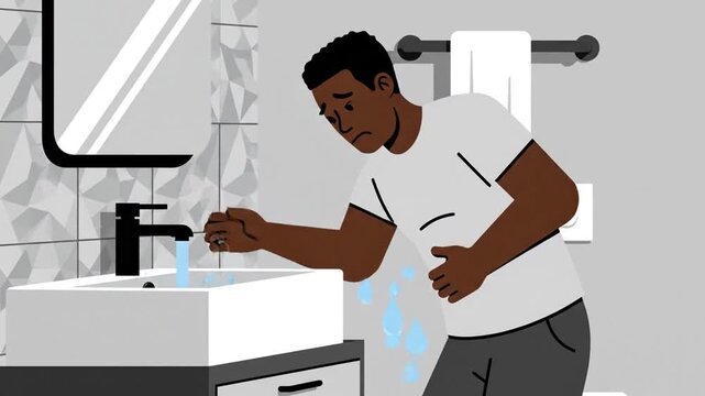 Man In Agony Washing Face At Bathroom Sink, Experiencing Severe Stomach Pain