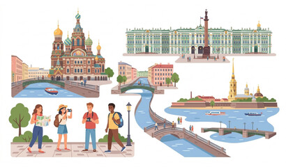 Obraz premium Saint Petersburg Travel Vector Illustration Set with Famous Landmarks and Tourists Exploring Russia