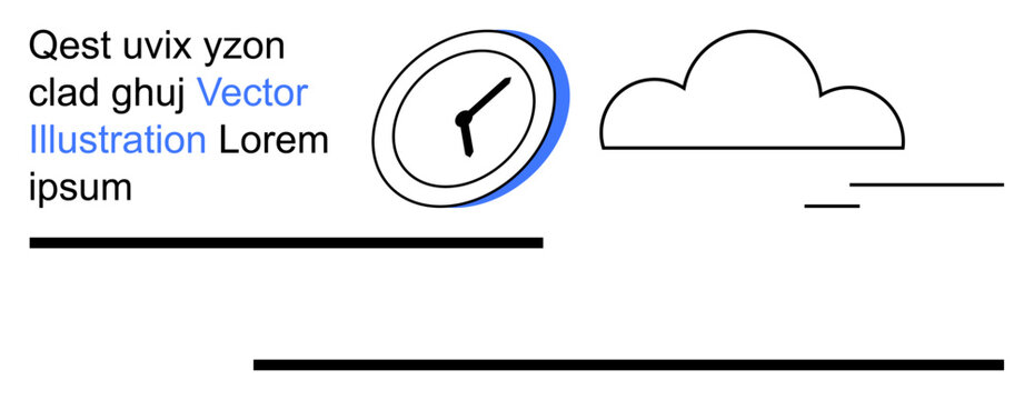 Time management, weather forecast, branding design, modern style, graphic resources, digital publishing. Clock with a cloud and text design. Time management and weather forecast concepts