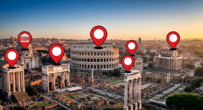Panoramic view of ancient Rome featuring the majestic Colosseum and historic Roman Forum at sunset with location pins