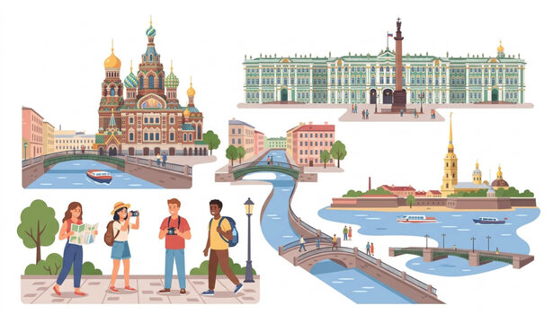 Saint Petersburg Travel Vector Illustration Set with Famous Landmarks and Tourists Exploring Russia